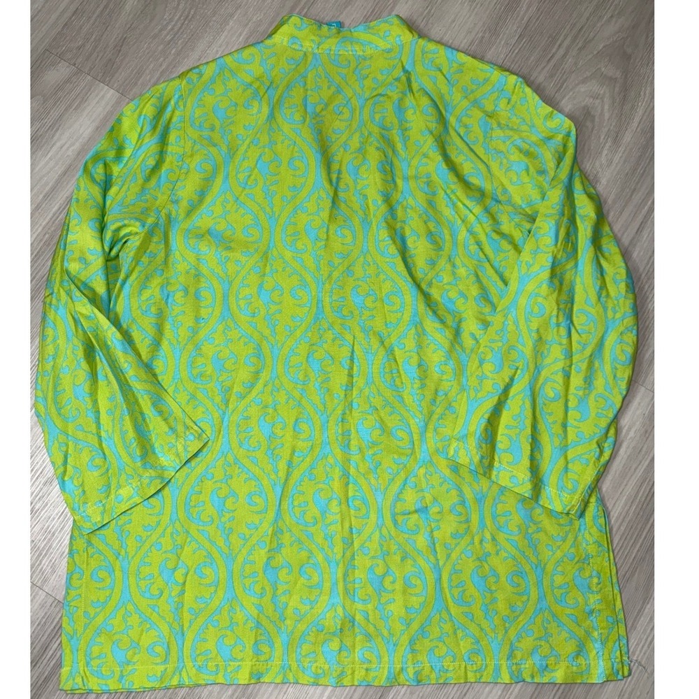 Escapada Womens Tunic Top L Lime Green Turquoise Blue Damask 3/4 Sleeve V-Neck - Picture 4 of 11